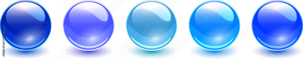 Glass colored spheres set, blue 3d shiny balls with shadows Glass colored spheres set, blue 3d shiny balls with shadows