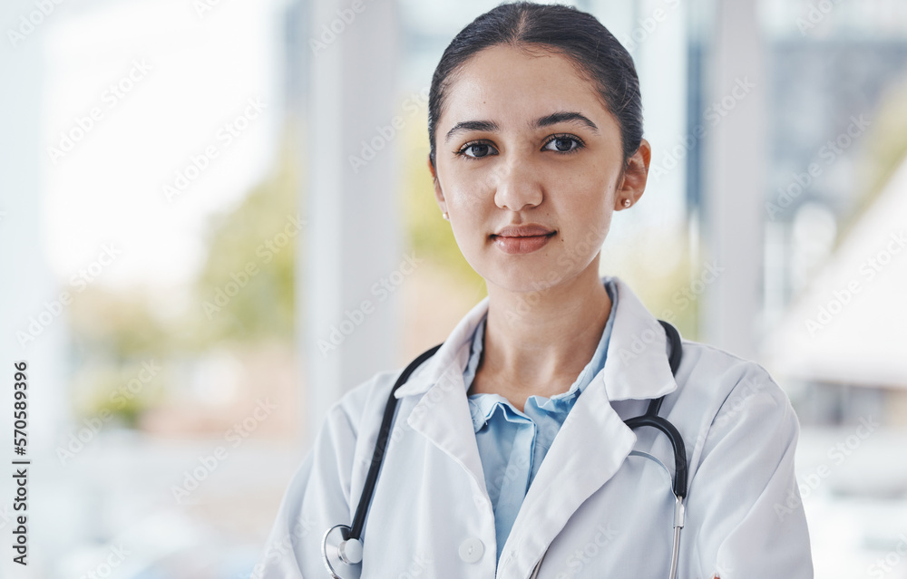 Leadership, woman and portrait of a doctor in the hospital for a healthcare internship. Confident, young and face of a professional female medical student from Canada standing in a medicare clinic. Leadership, woman and portrait of a doctor in the hospital for a healthcare internship. Confident, young and face of a professional female medical student from Canada standing in a medicare clinic.