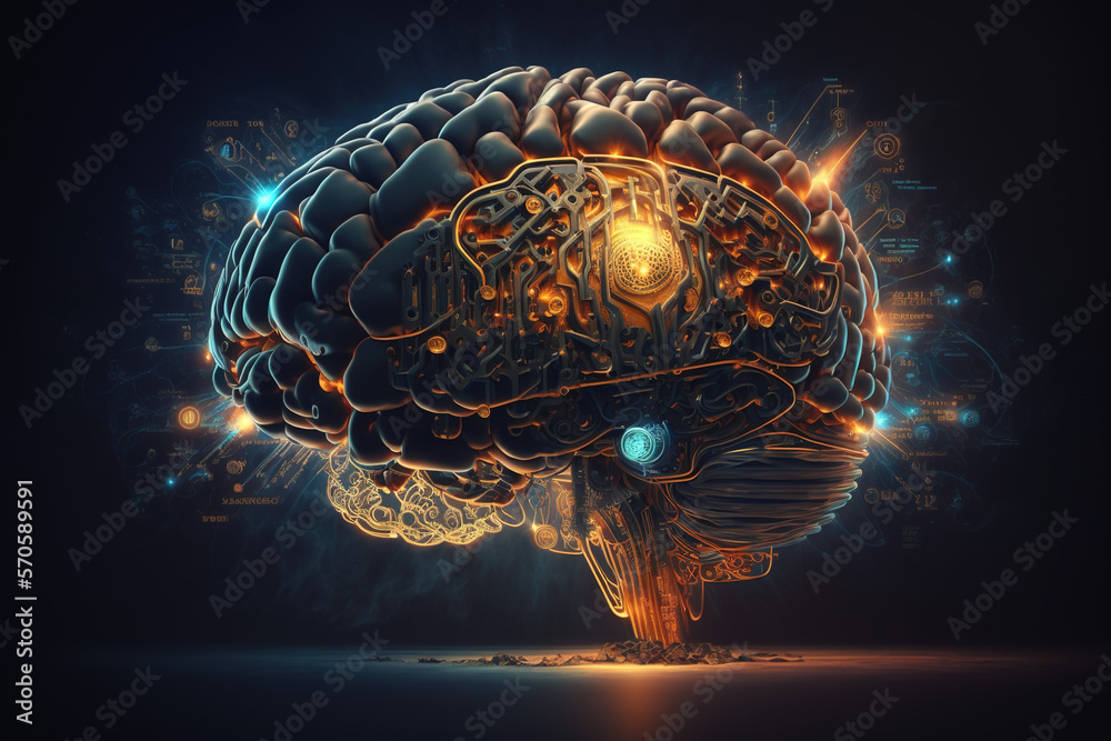 human brain glowing with symbols of technology around. Generative AI ...