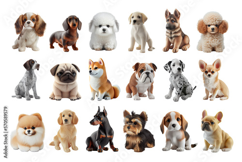 Group of different dog breeds  cute puppy illustration set. Generative AI