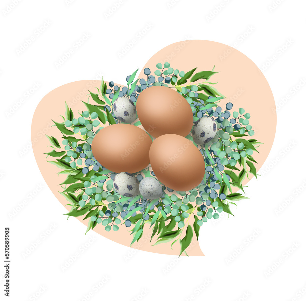 Nest of flowers and leaves with colored eggs Nest of flowers and leaves with colored eggs