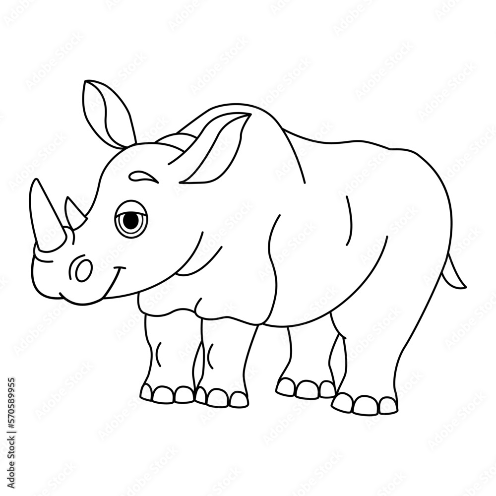 Cartoon Cute Rhino for Coloring Page. Vector Illustration of a Funny Rhino on a White Background
