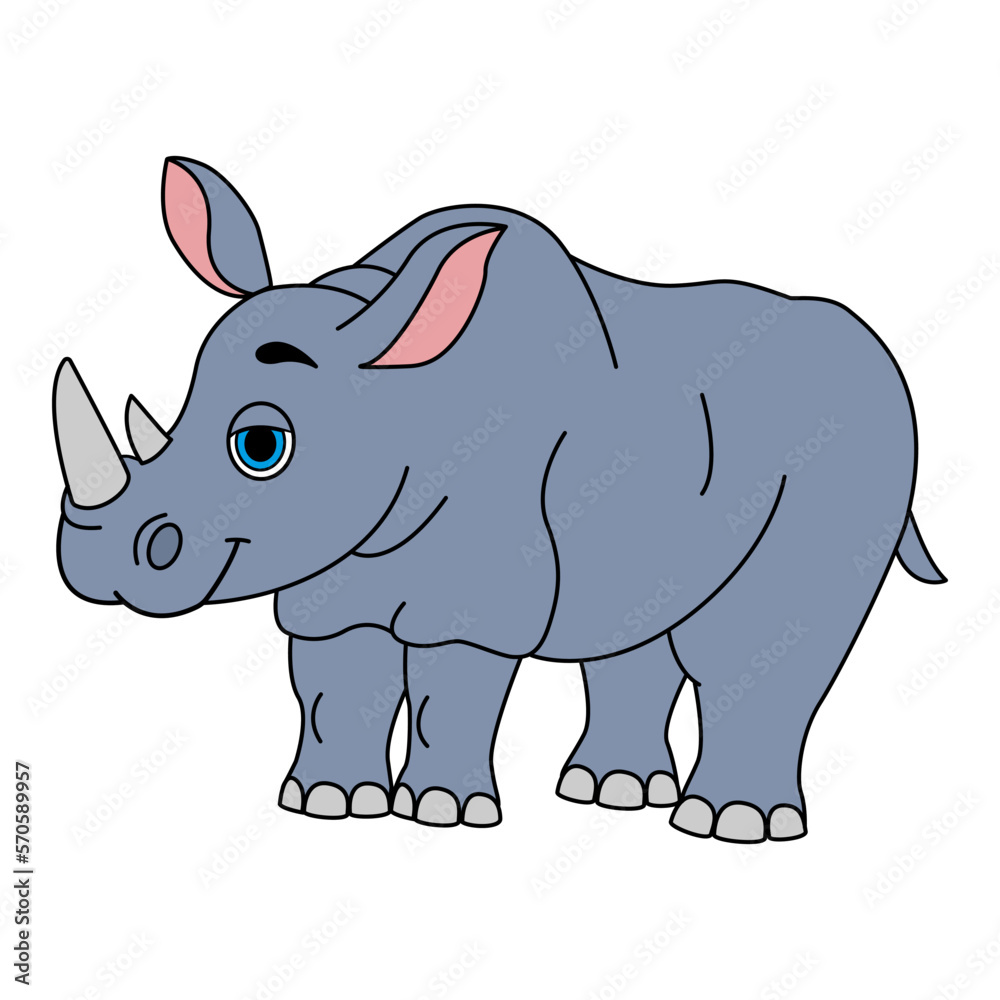 Cartoon Cute Rhino. Vector Illustration of a Funny Rhino on a White Background