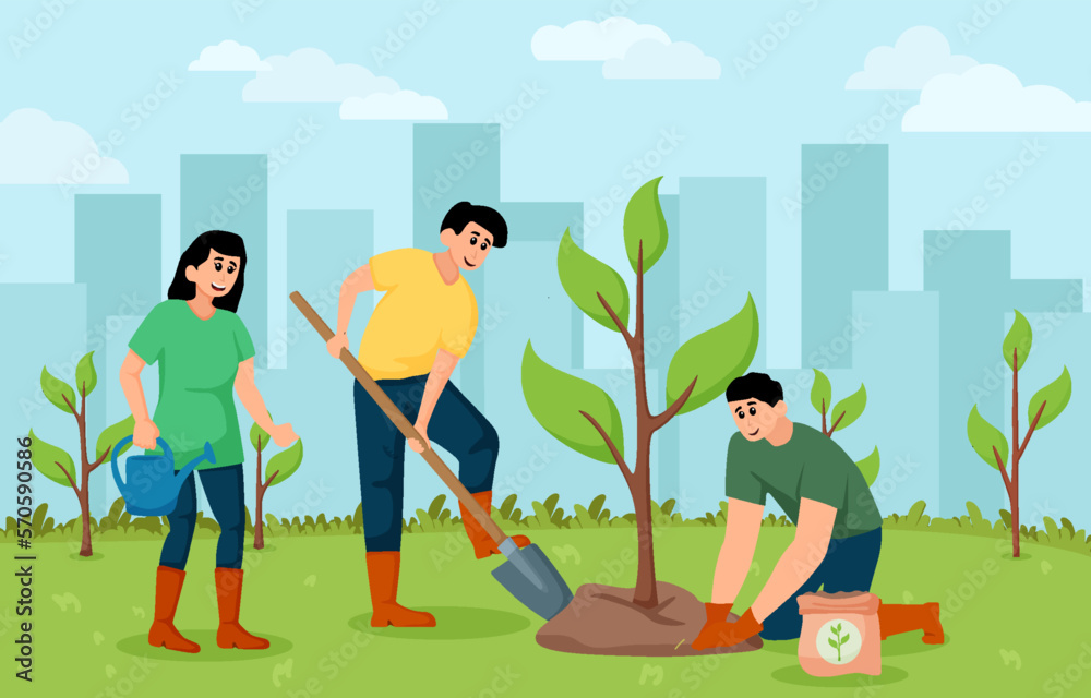Volunteering, charity social concept. Volunteer people plant trees in city park, Young people care about the environment  in nature for greener the world environment