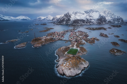 Aerial view of village Henningsvaer in winter, a famous fishing village on Lofoten Islands in Norway