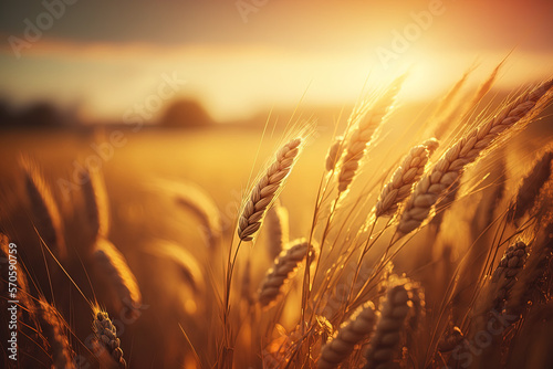 Beautiful wheat field in the sunset light. Golden ears during harvest, macro, banner format. Autumn agriculture landscape. Generative AI. 