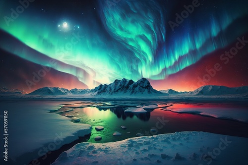 aurora borealis, northern lights over ice and snow landscape Generative AI