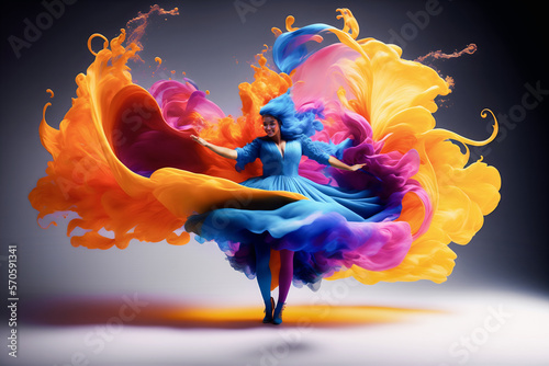 Girl in a fantasy dance with a multicolored fabric flying around her. Woman dancing happily with an imaginative and glamorous silk and ink dress that flutters around her. Generative ai photo