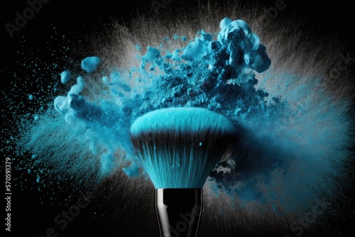 Make-up brush with blue powder explosion on black background, AI generative.