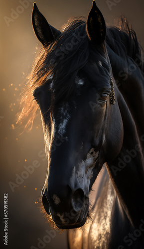 Portrait of a black horse during golden hour. Beautiful wildlife and family photos, wallpaper, poster created with help of generative ai.  © Zenturio Designs