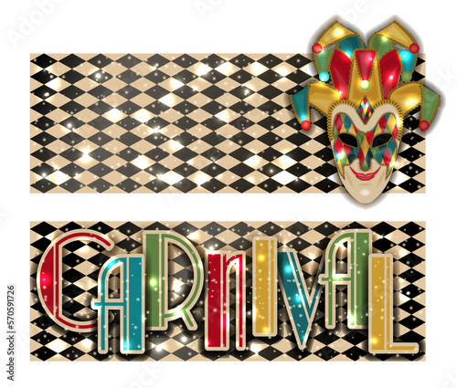 Happy Carnival banners  with mask Joker  in art deco style , vector illustration