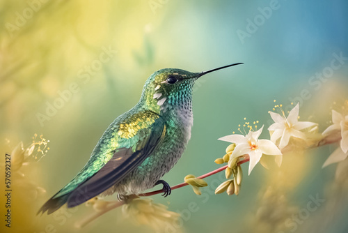 Beautiful Hummingbird, sitting on a blossom branch. Natural habitat, beautiful hummingbird. Tropical bird in garden. generative AI