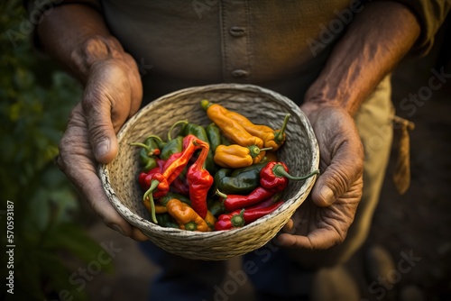 Old Man Holding Basket With Hot Peppers Generative AI