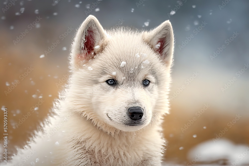 Cute white wolf puppy playing in winter snow portrait Generative AI