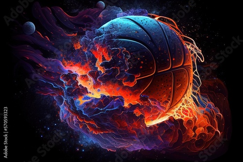Basketball In Space Blue Orange Fire Asteroid Generative AI