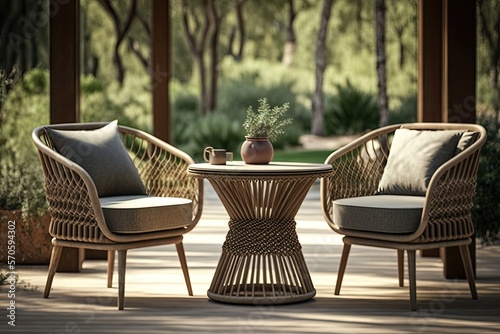 Fotótapéta Group of outdoor furniture rattan armchairs with table on terrace generative ai