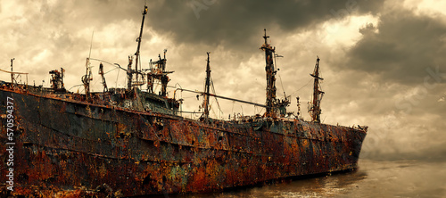 abandoned old sea ship, rusty and broken with Generative AI Technology