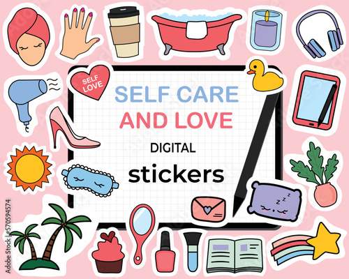 Self care and love digital stickers, love your self planner sticker