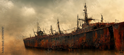 abandoned old sea ship, rusty and broken with Generative AI Technology