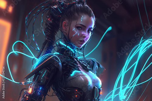 cyborg girl in neon style. robot woman. ai generated