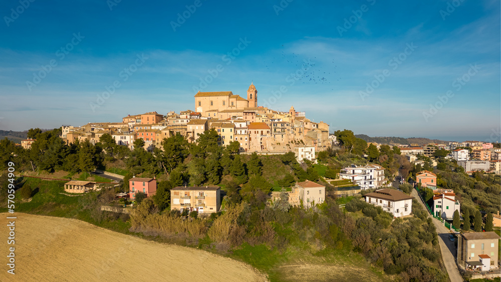 Italy, February 2023: aerial view from the drone of the medieval village of Monteprandono in the province of Ascoli Piceno in the Marche region