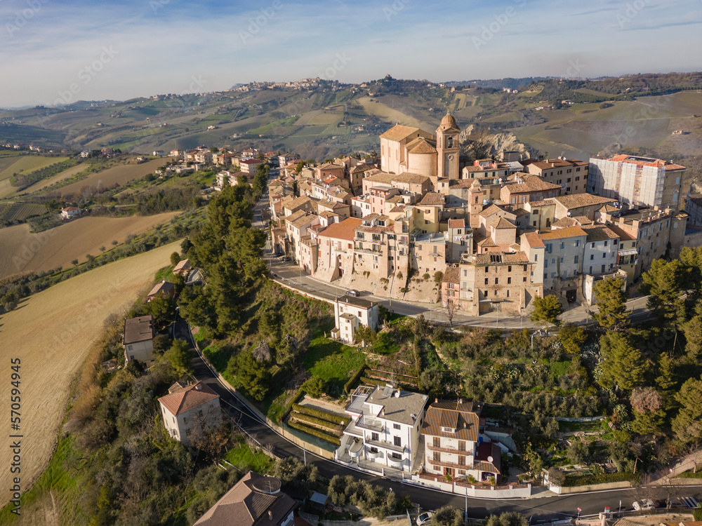 Naklejka premium Italy, February 2023: aerial view from the drone of the medieval village of Monteprandono in the province of Ascoli Piceno in the Marche region