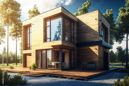 Wooden Paneles natural modern new house with windows in summer sunny day generative ai © 3D Station
