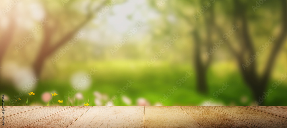 Empty wooden desk with blurry spring nature background. Generative AI.

