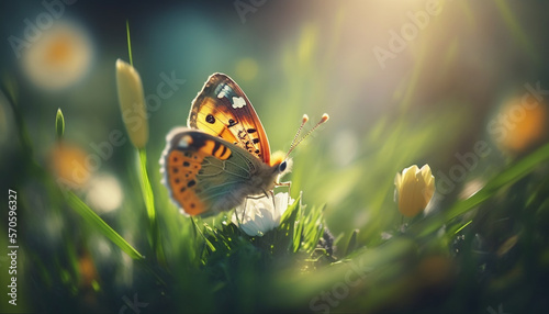 Butterfly Scene with beautiful lighting in spring juicy flowers with blurry selective focus. Nice backdrop and bokeh blur. Macro and close-up. AI Generated Art. © Slothland Studio