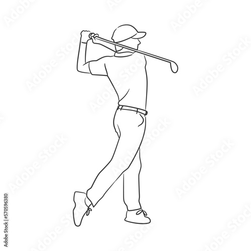 Man playing golf line art illustration, Line art drawing of golfer