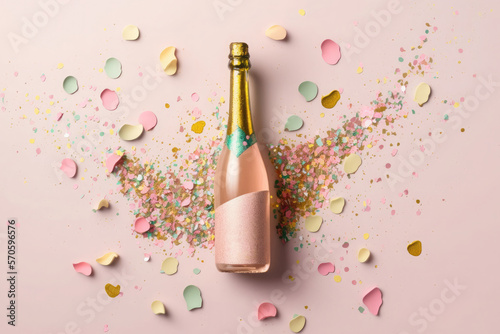 Creative trendy pink heart shaped confetti poured out of champagne bottle on pastel background. Generative AI