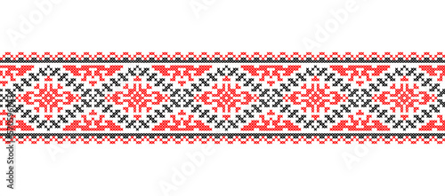 Ukraine border pattern, vector ornament. Ukraine folk, ethnic geometric embroidery. Border pattern in red and black colors. Pixel art, vyshyvanka, cross stitch