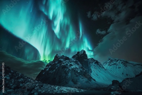 Northern Lights in the Ice Mountains. Aurora borealis with stars in the night sky IA