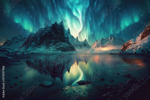 Stunning aurora dances above majestic mountain, mirrored in the still waters of the serene lake. Generative AI
