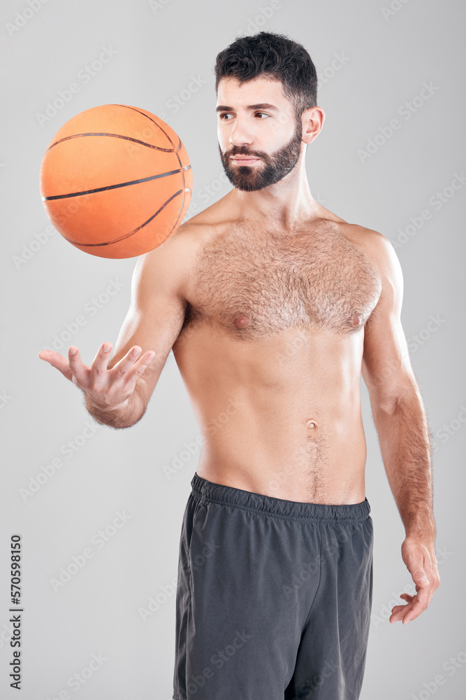 Fitness, sport and man throwing basketball in air, topless sports player isolated on grey background. Exercise, motivation and training, male model with workout mindset and strong muscle in studio. Fitness, sport and man throwing basketball in air, topless sports player isolated on grey background. Exercise, motivation and training, male model with workout mindset and strong muscle in studio.