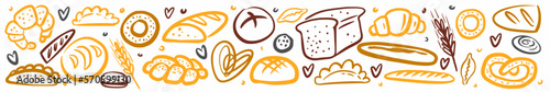 Horizontal collection of bread pastries, hand-drawn in the style of a doodle