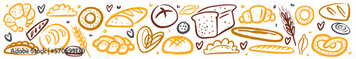 Horizontal collection of bread pastries, hand-drawn in the style of a doodle photo