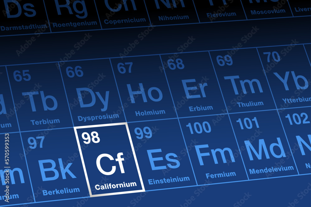 Californium on periodic table. Radioactive transuranic metallic element in the actinide series, with atomic number 99 and symbol Cf, named after California. Used in nuclear reactors as neutron source. Californium on periodic table. Radioactive transuranic metallic element in the actinide series, with atomic number 99 and symbol Cf, named after California. Used in nuclear reactors as neutron source.