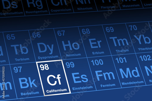 Californium on periodic table. Radioactive transuranic metallic element in the actinide series, with atomic number 99 and symbol Cf, named after California. Used in nuclear reactors as neutron source.