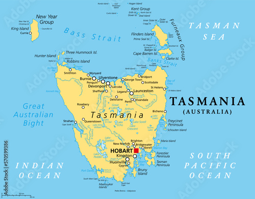Tasmania, island state of Australia, political map. Located south of the Australian mainland, separated from it by Bass Strait, surrounded by 1000 islands, with the capital and largest city Hobart.