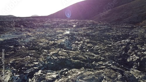 Fly over a cooled lava field. Volcano Fagradalsfjall, Reykjanes, Iceland