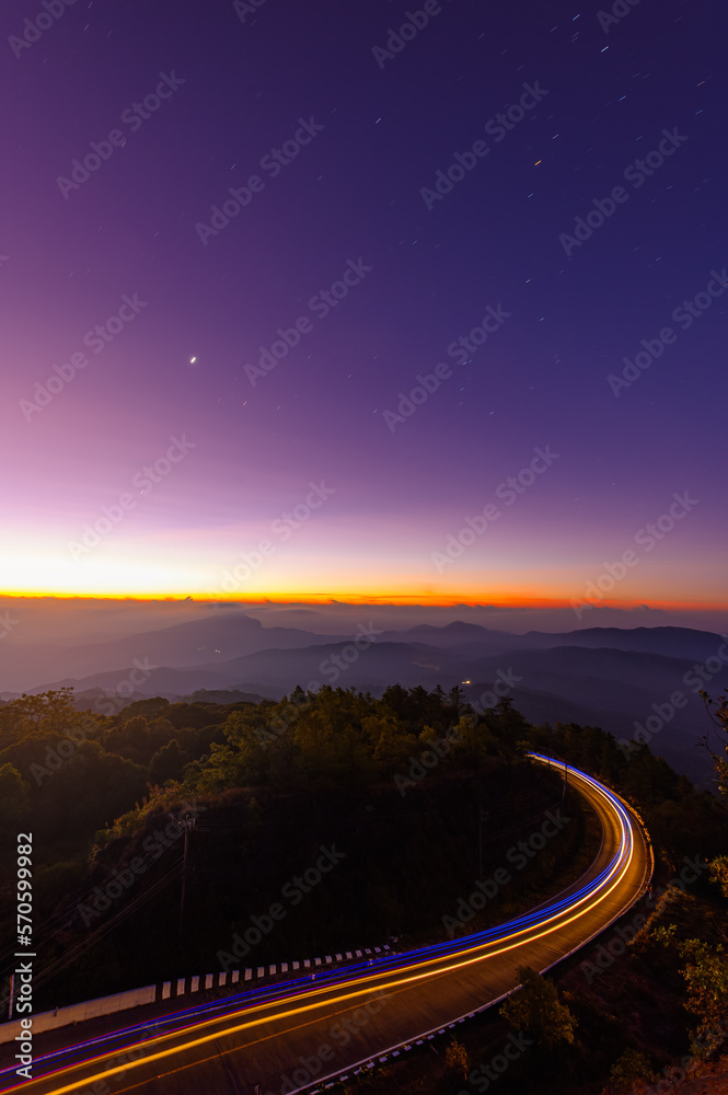 landscape of view point asphalt curved road on Doi Inthanon National park mountains at dawn