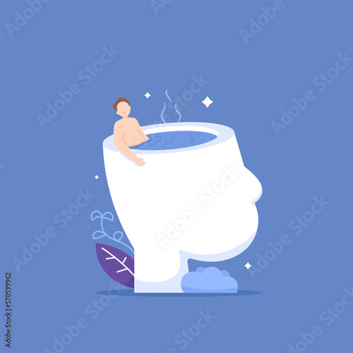 relax and refreshing mind. relax to clear the mind and relieve stress. Treatment to solve mental problems. a man is soaking in the warm pool. illustration concept design. graphic elements