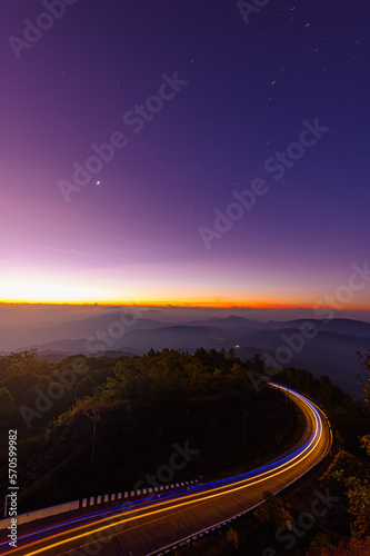 landscape of view point asphalt curved road on Doi Inthanon National park mountains at dawn