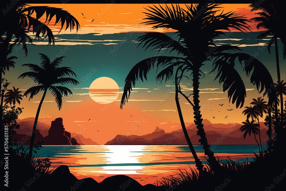 Sunset summer tropical beach with palm trees and sea. Nature landscape and seascape Generative AI