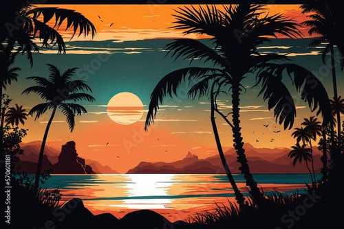 Sunset summer tropical beach with palm trees and sea. Nature landscape and seascape Generative AI © Suleyman