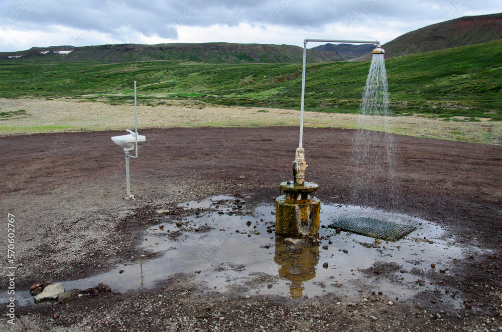 abandoned geothermal continuous shower in iceland, completely free