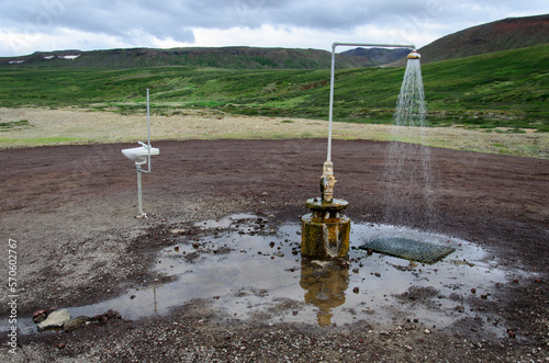 abandoned geothermal continuous shower in iceland, completely free