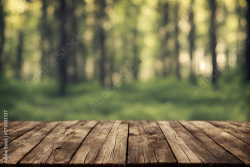 Wooden plank table and product placement copy space on green natural background. Generative AI