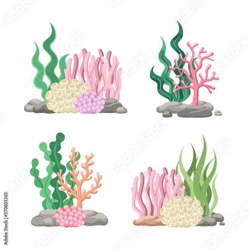 Set of coral reefs with algae, seaweed and rocks in various types cartoon illustration